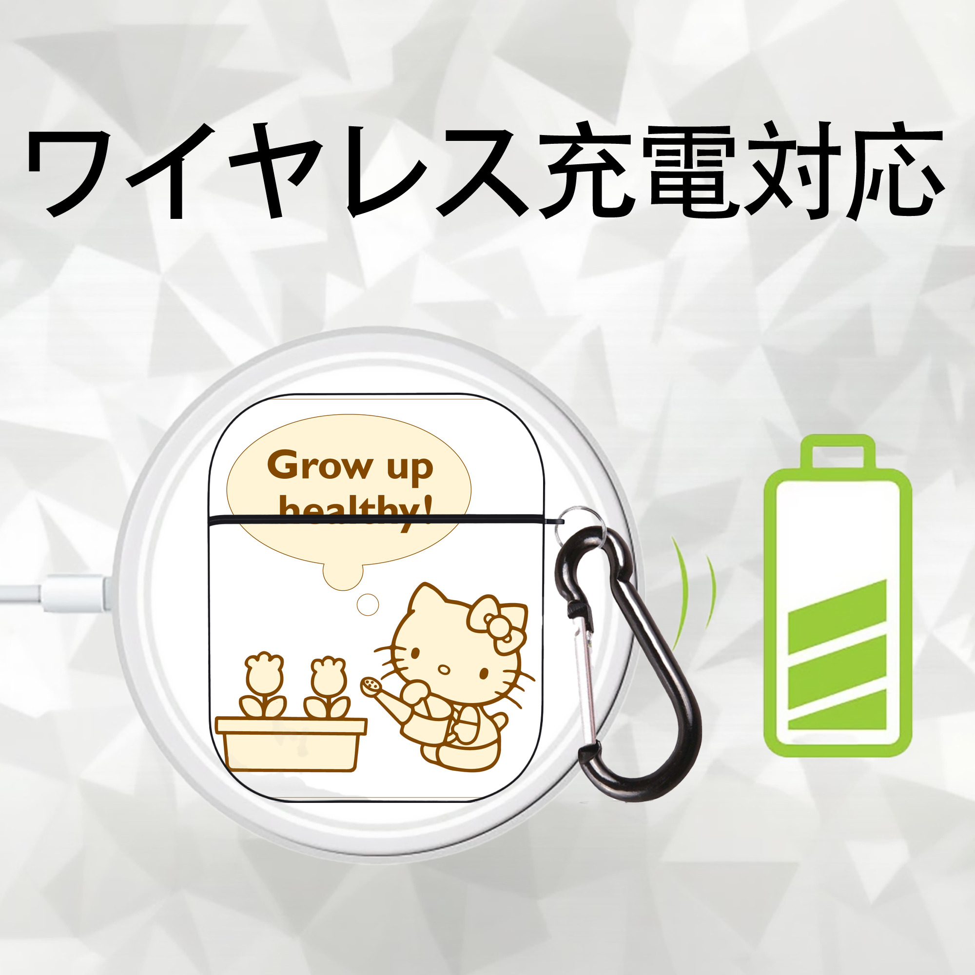 Hello Kitty ハローキティ AirPods 第2世代保護ケース ハードシェル ブラック 耐衝撃・防指紋・カラビナ付き