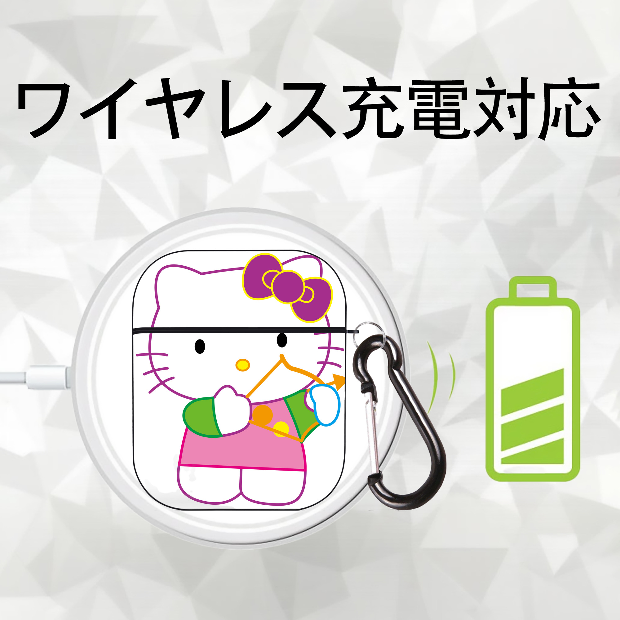 Hello Kitty ハローキティ AirPods 第2世代保護ケース ハードシェル ブラック 耐衝撃・防指紋・カラビナ付き