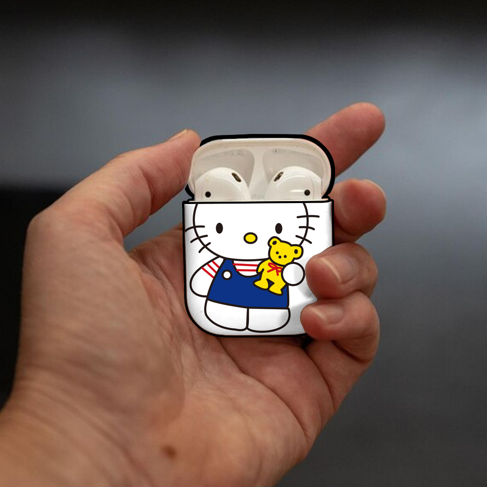 Hello Kitty ハローキティ AirPods 第2世代保護ケース ハードシェル ブラック 耐衝撃・防指紋・カラビナ付き