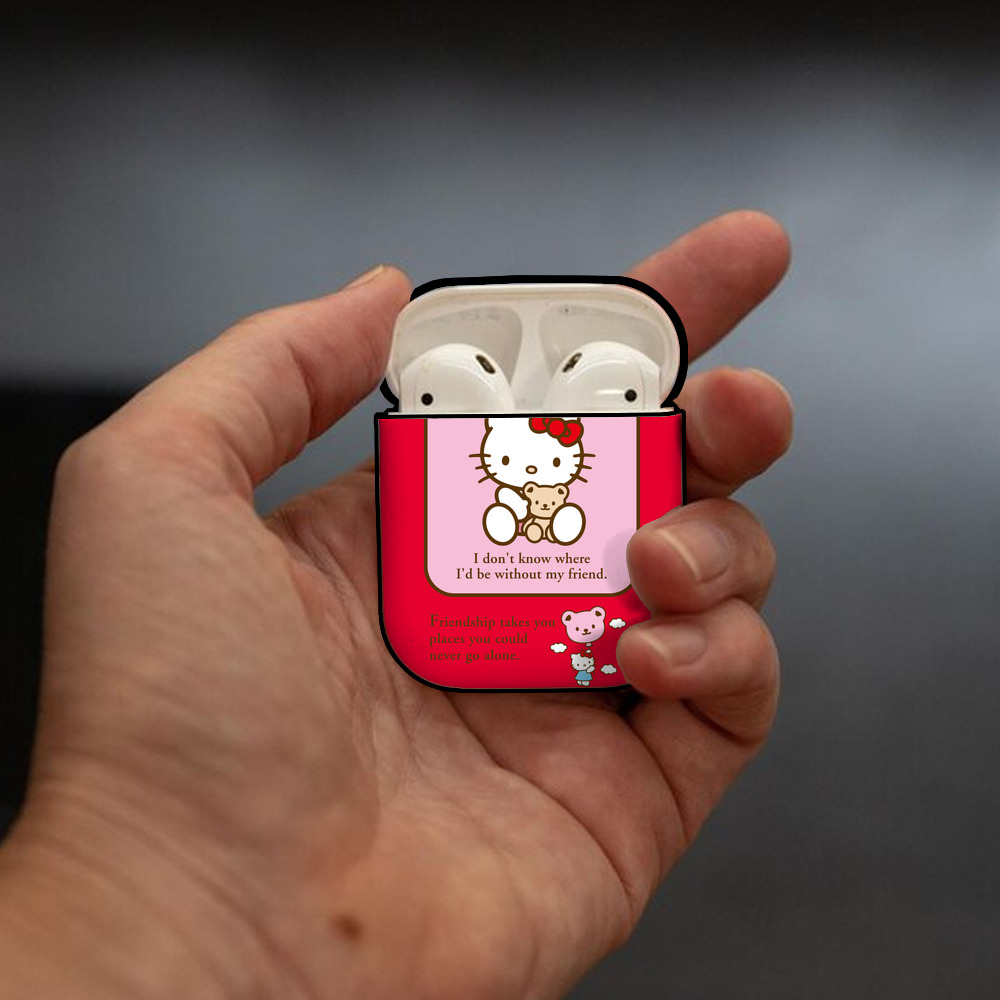 Hello Kitty ハローキティ AirPods 第2世代保護ケース ハードシェル ブラック 耐衝撃・防指紋・カラビナ付き