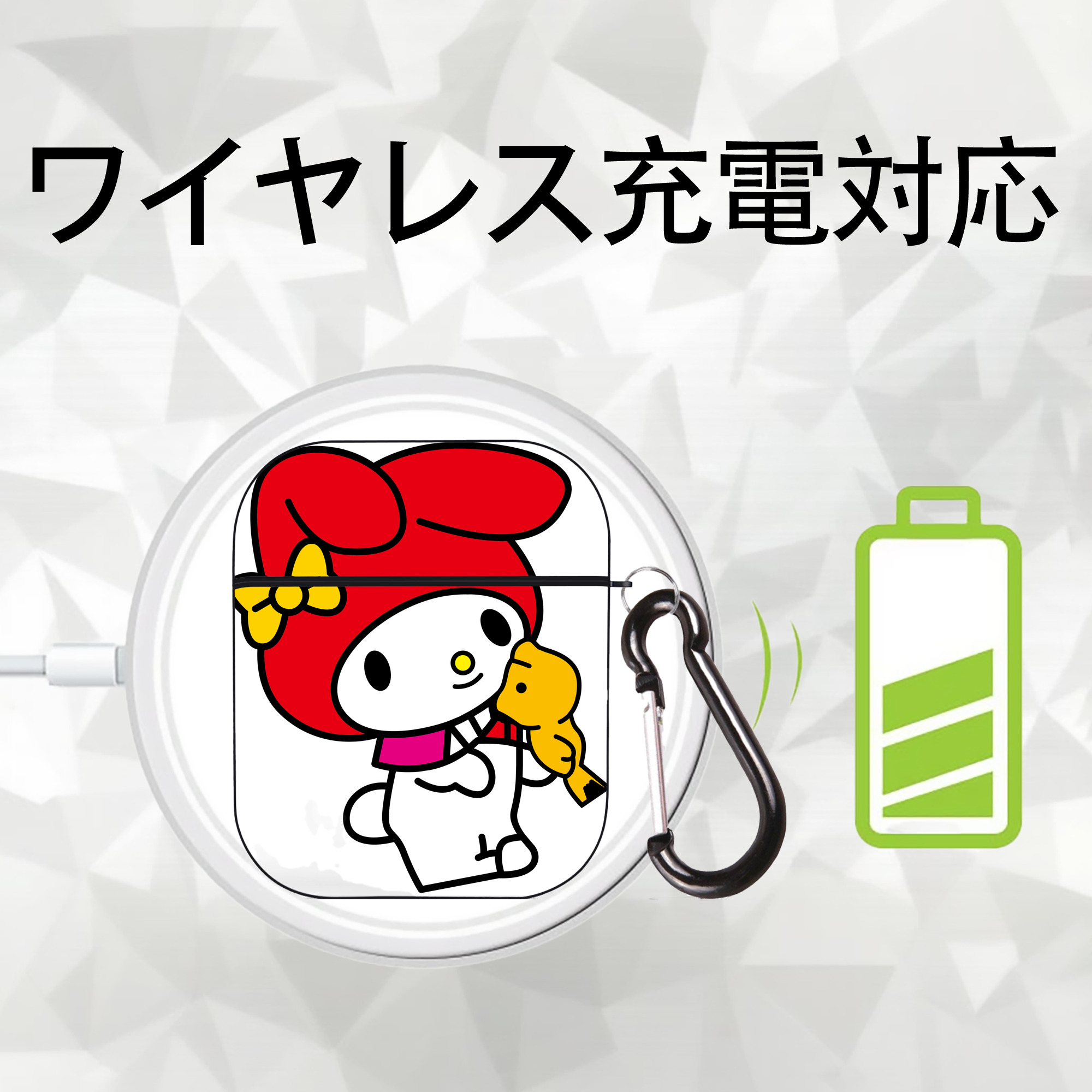 Hello Kitty ハローキティ AirPods 第2世代保護ケース ハードシェル ブラック 耐衝撃・防指紋・カラビナ付き