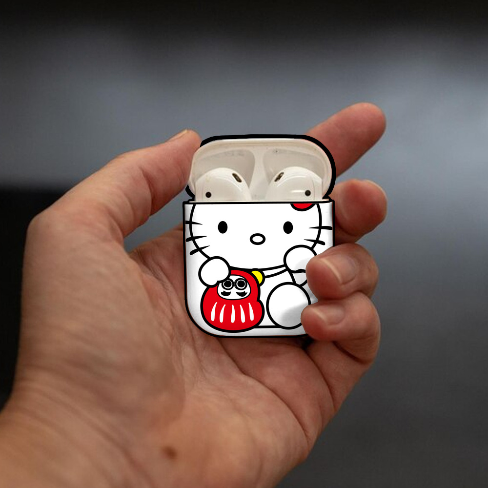 Hello Kitty ハローキティ AirPods 第2世代保護ケース ハードシェル ブラック 耐衝撃・防指紋・カラビナ付き