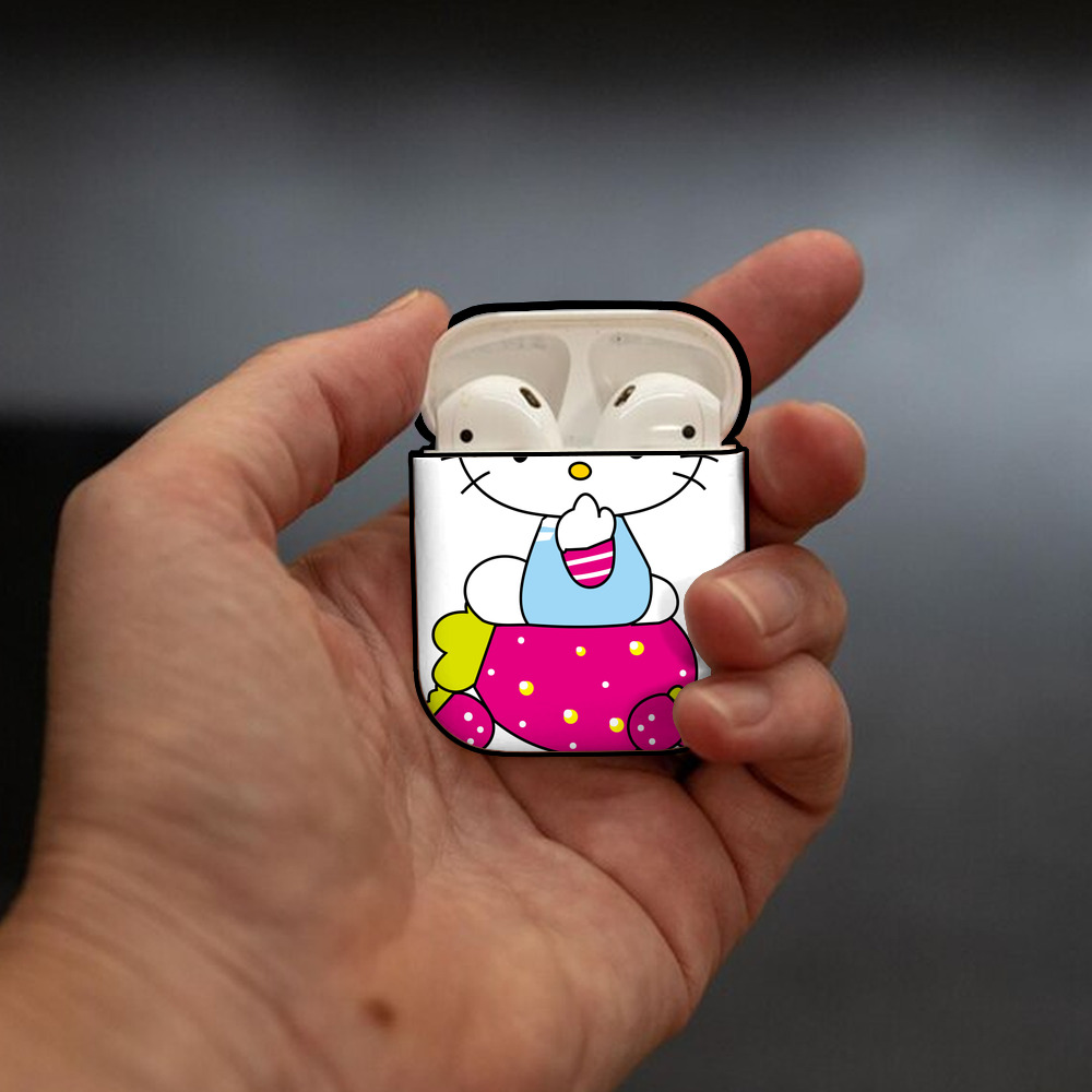 Hello Kitty ハローキティ AirPods 第2世代保護ケース ハードシェル ブラック 耐衝撃・防指紋・カラビナ付き