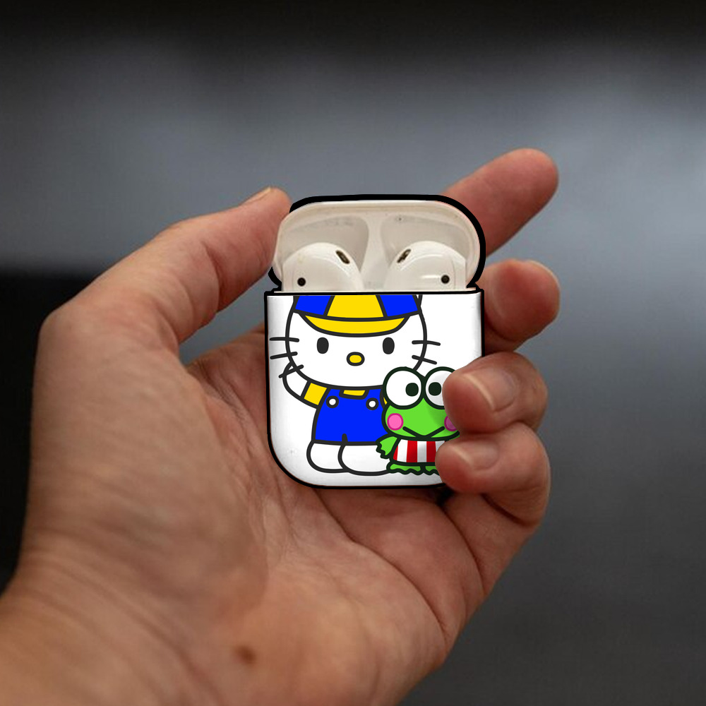 Hello Kitty ハローキティ AirPods 第2世代保護ケース ハードシェル ブラック 耐衝撃・防指紋・カラビナ付き