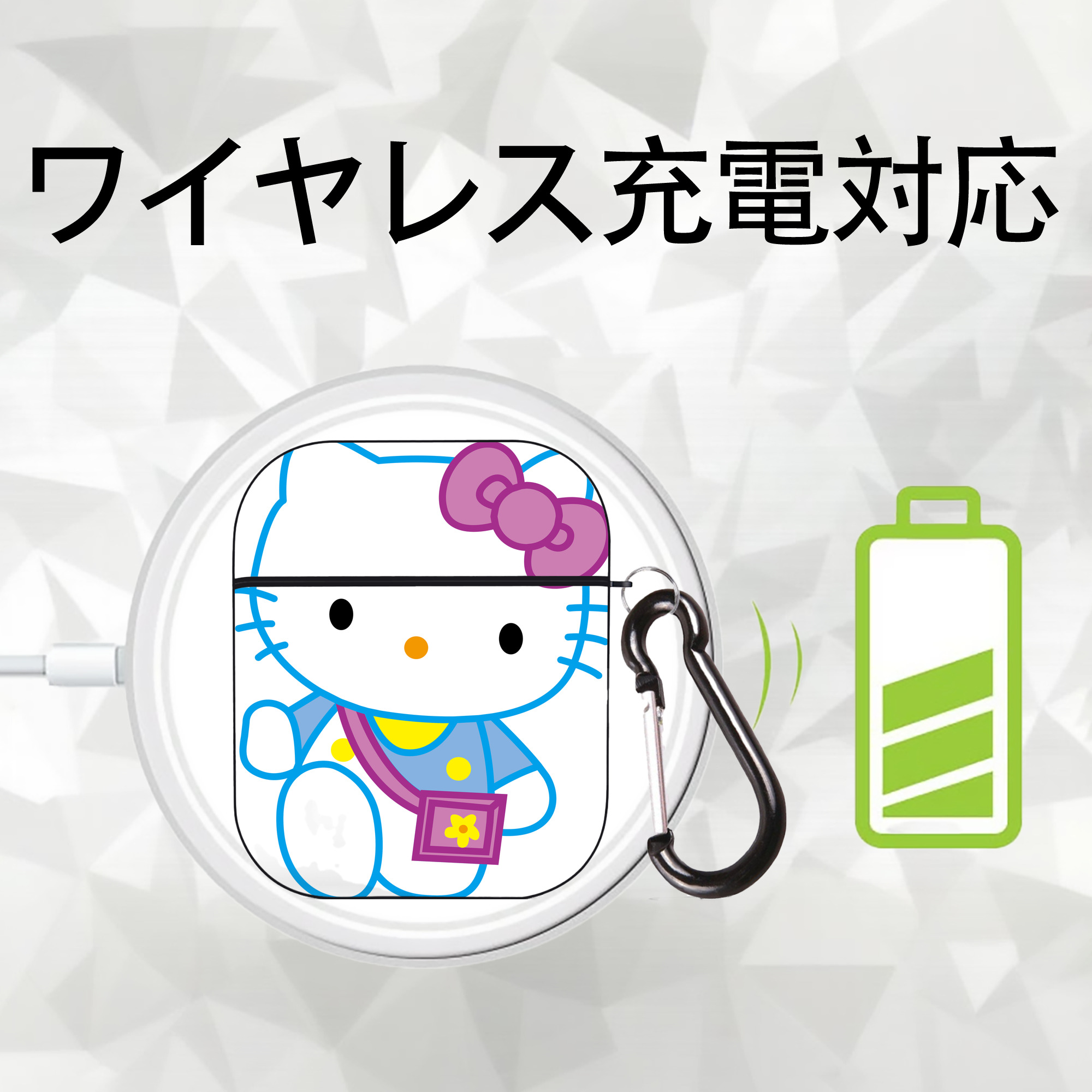 Hello Kitty ハローキティ AirPods 第2世代保護ケース ハードシェル ブラック 耐衝撃・防指紋・カラビナ付き