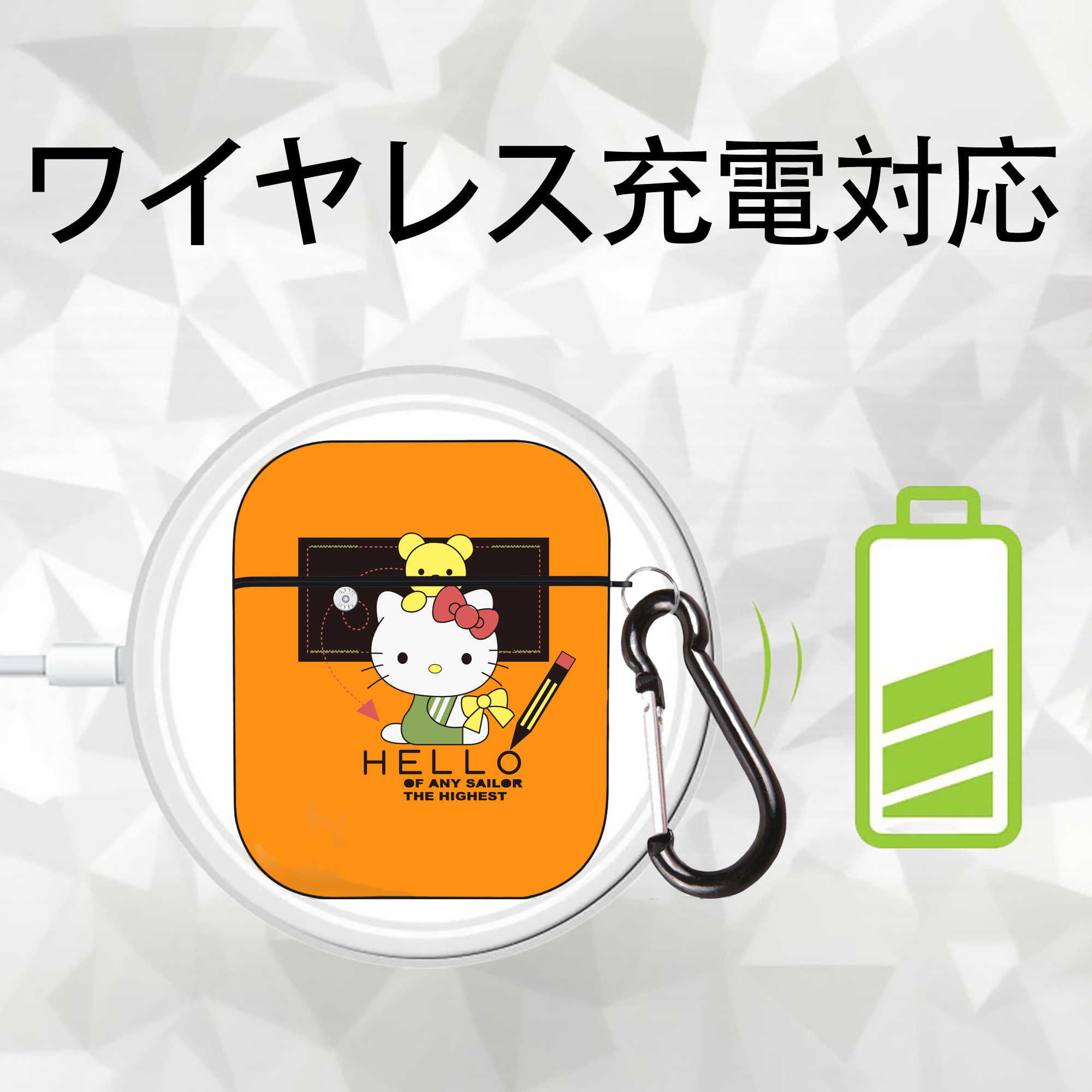 Hello Kitty ハローキティ AirPods 第2世代保護ケース ハードシェル ブラック 耐衝撃・防指紋・カラビナ付き