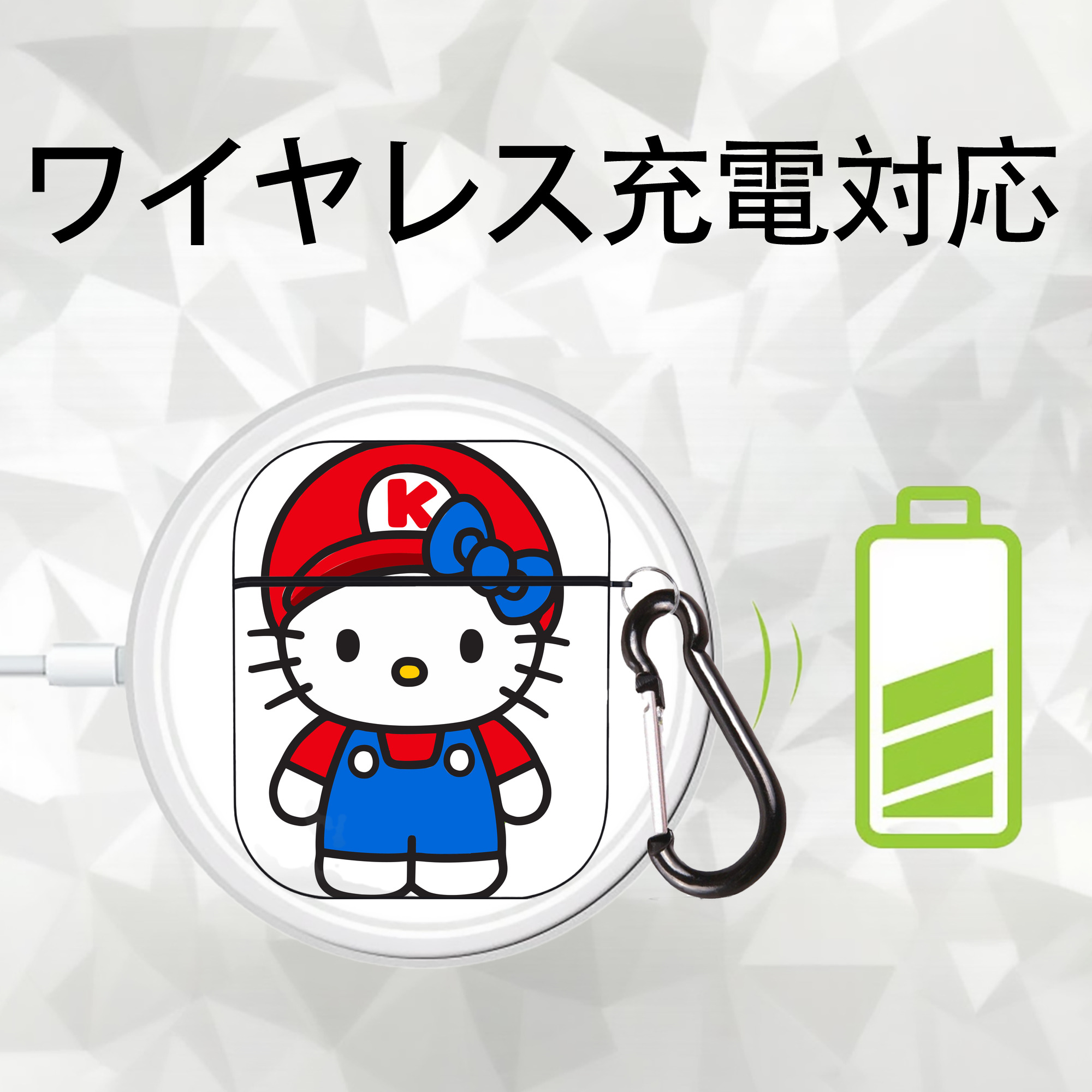 Hello Kitty ハローキティ AirPods 第2世代保護ケース ハードシェル ブラック 耐衝撃・防指紋・カラビナ付き