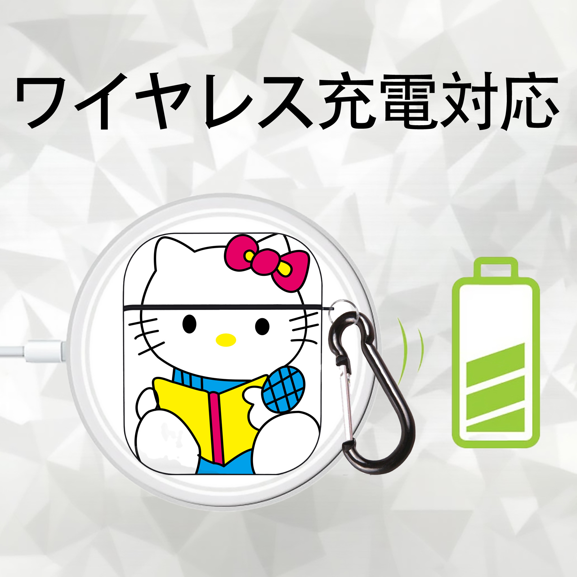 Hello Kitty ハローキティ AirPods 第2世代保護ケース ハードシェル ブラック 耐衝撃・防指紋・カラビナ付き
