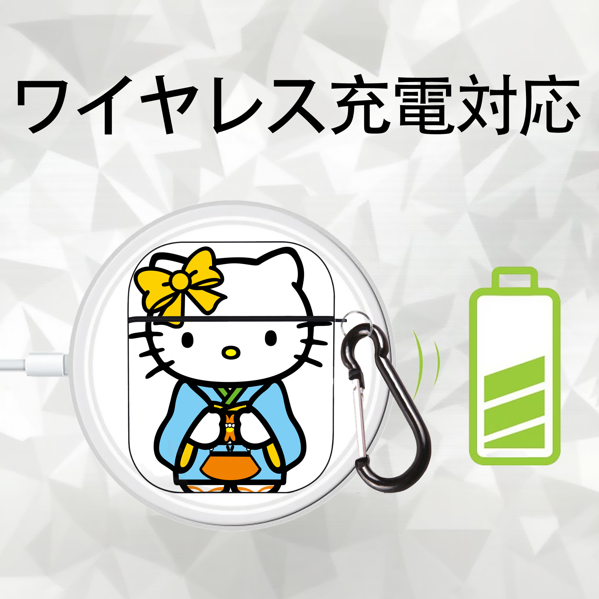 Hello Kitty ハローキティ AirPods 第2世代保護ケース ハードシェル ブラック 耐衝撃・防指紋・カラビナ付き