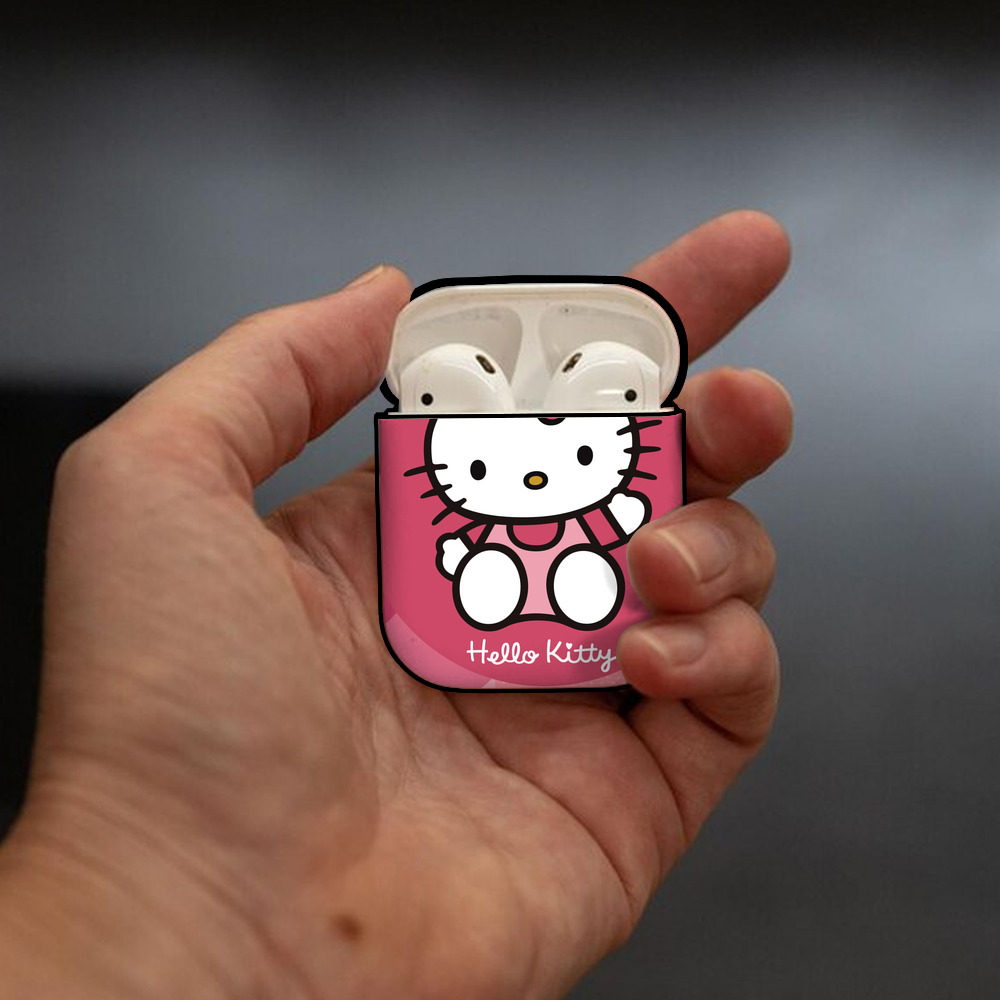 Hello Kitty ハローキティ AirPods 第2世代保護ケース ハードシェル ブラック 耐衝撃・防指紋・カラビナ付き