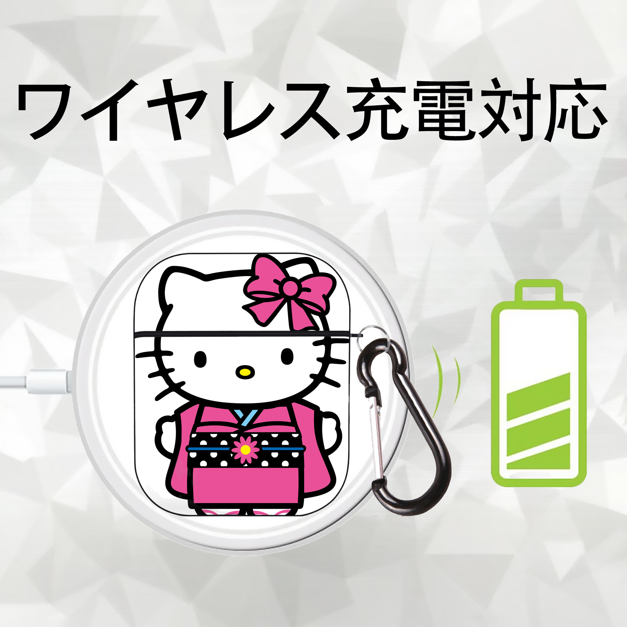 Hello Kitty ハローキティ AirPods 第2世代保護ケース ハードシェル ブラック 耐衝撃・防指紋・カラビナ付き