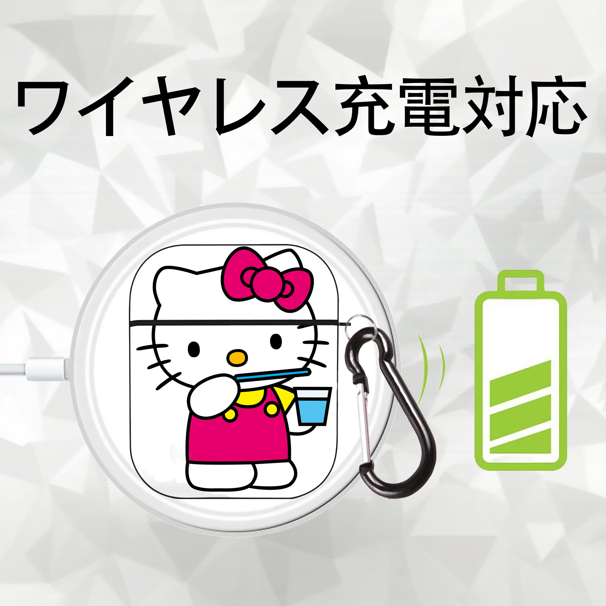 Hello Kitty ハローキティ AirPods 第2世代保護ケース ハードシェル ブラック 耐衝撃・防指紋・カラビナ付き