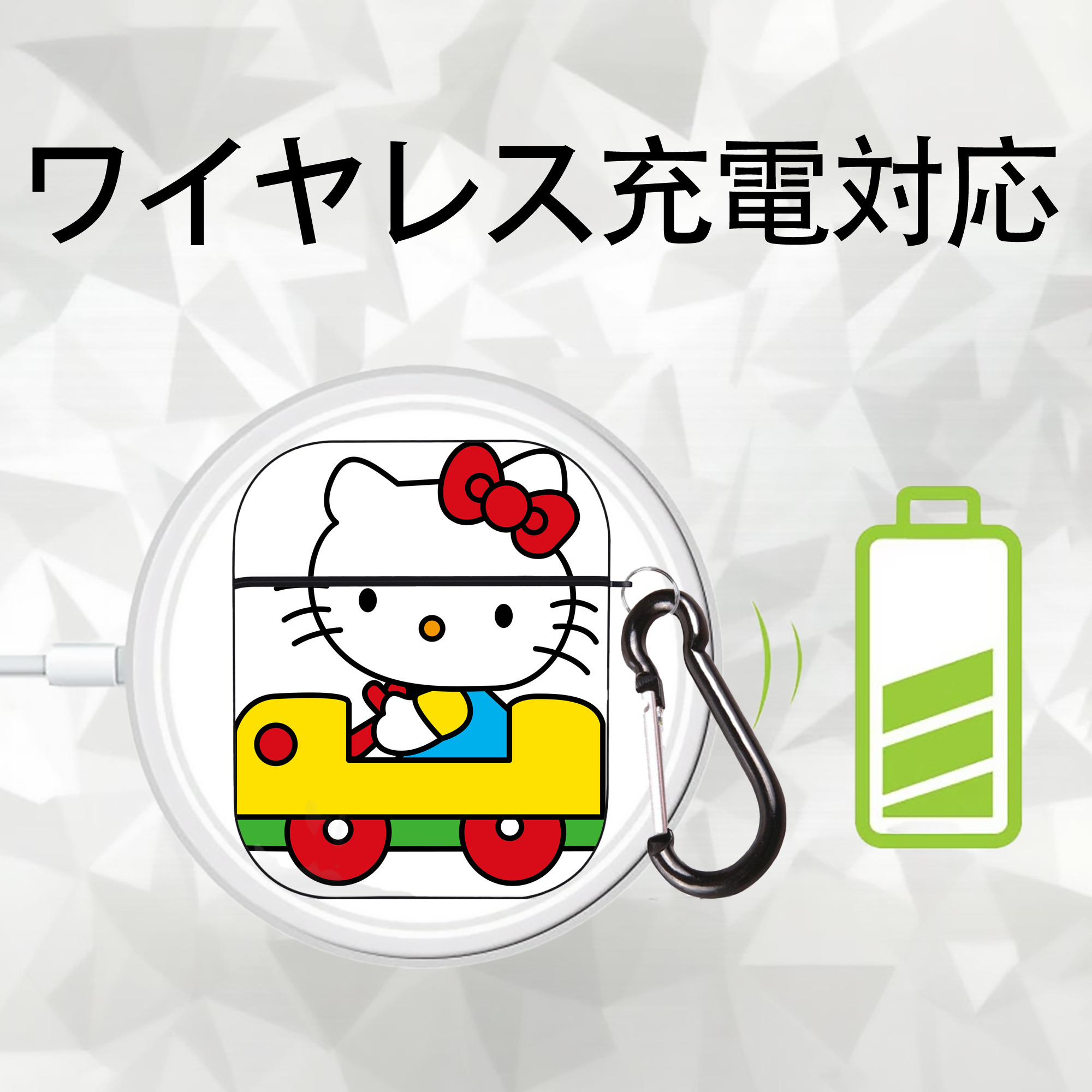 Hello Kitty ハローキティ AirPods 第2世代保護ケース ハードシェル ブラック 耐衝撃・防指紋・カラビナ付き