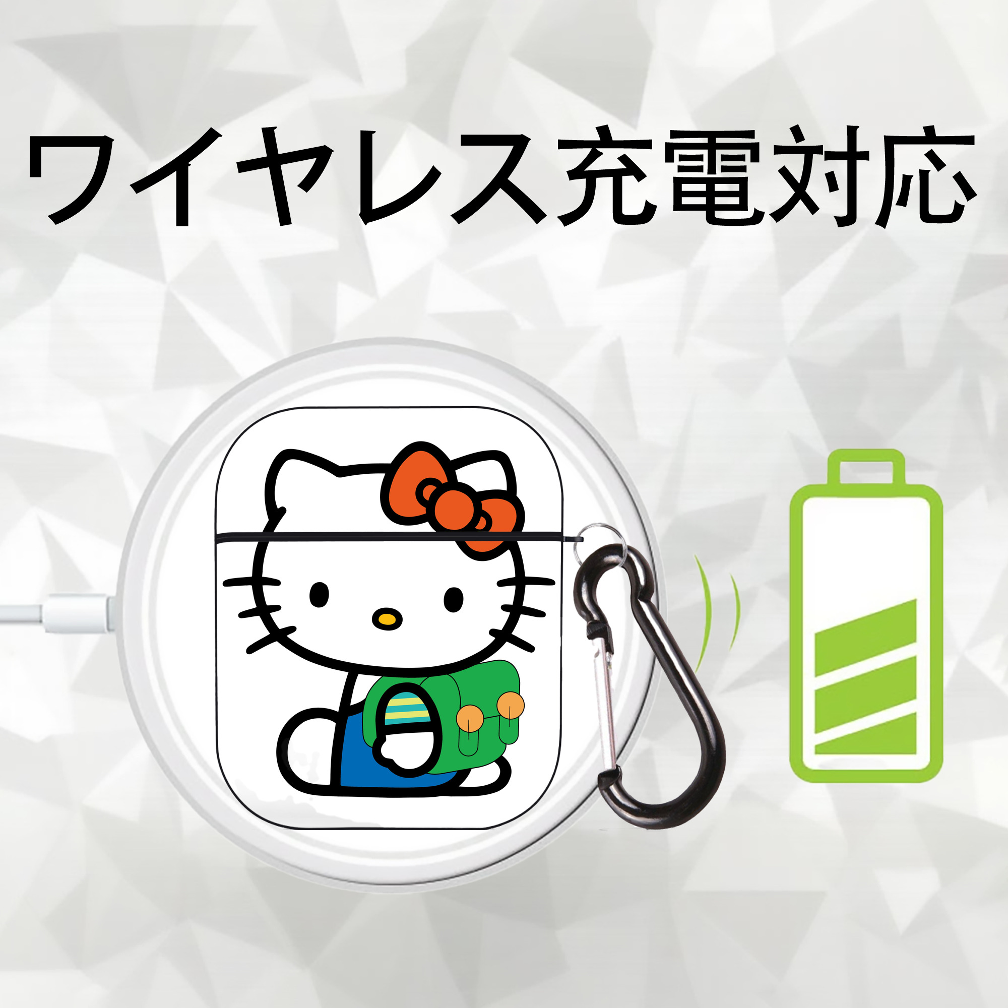 Hello Kitty ハローキティ AirPods 第2世代保護ケース ハードシェル ブラック 耐衝撃・防指紋・カラビナ付き