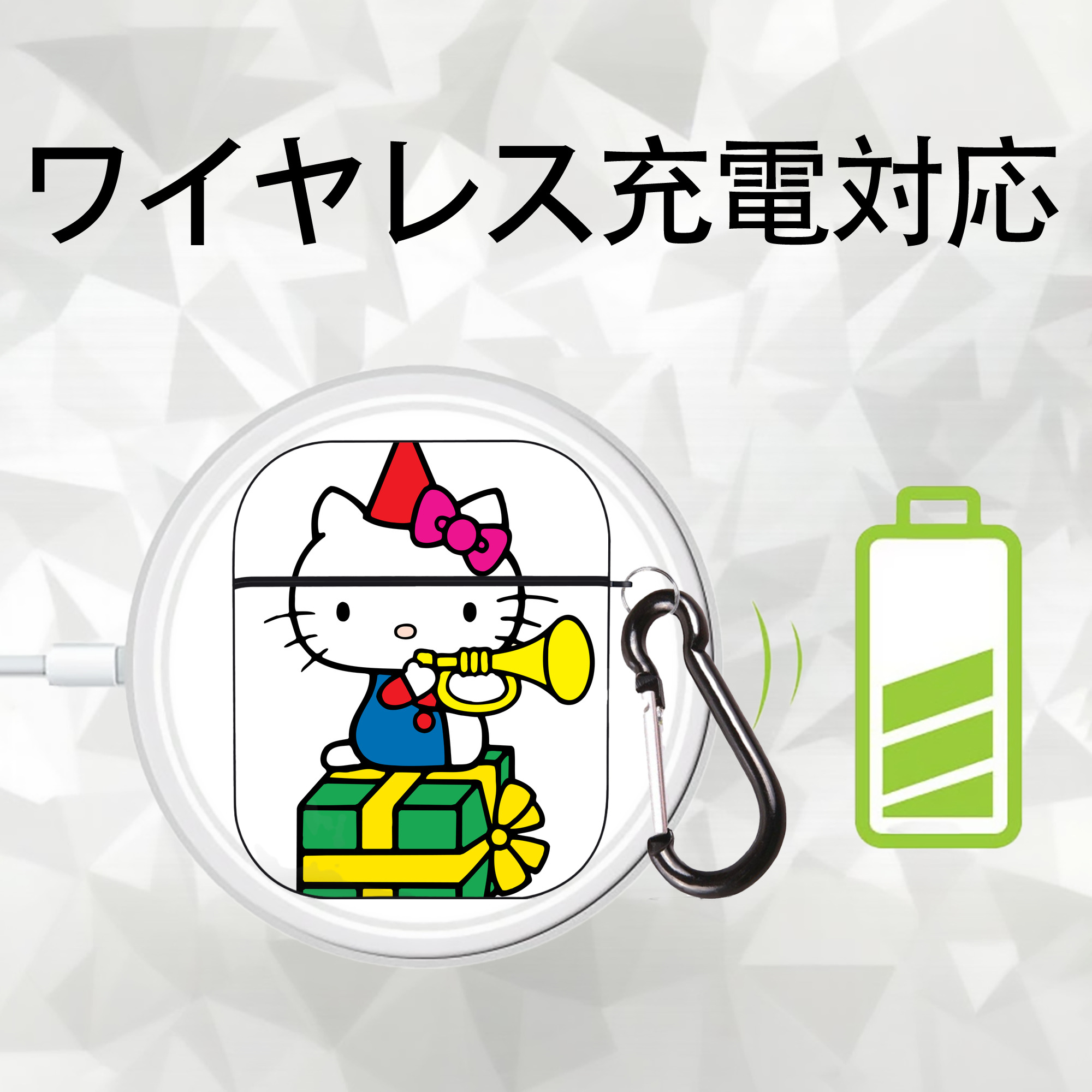 Hello Kitty ハローキティ AirPods 第2世代保護ケース ハードシェル ブラック 耐衝撃・防指紋・カラビナ付き