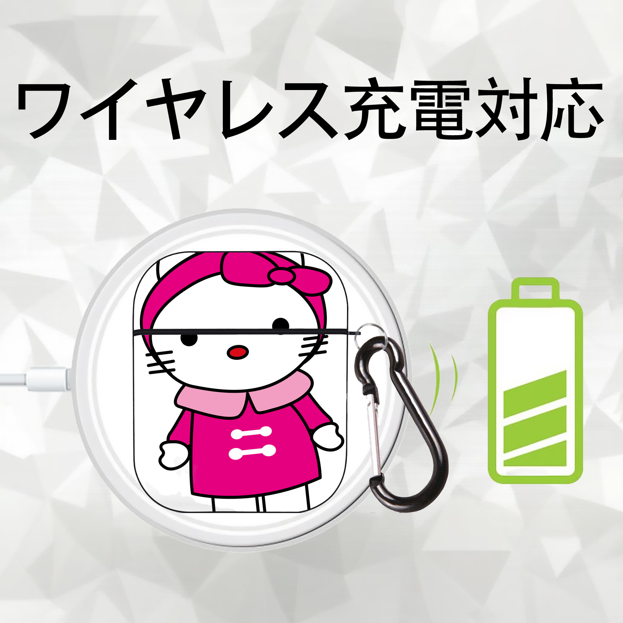 Hello Kitty ハローキティ AirPods 第2世代保護ケース ハードシェル ブラック 耐衝撃・防指紋・カラビナ付き