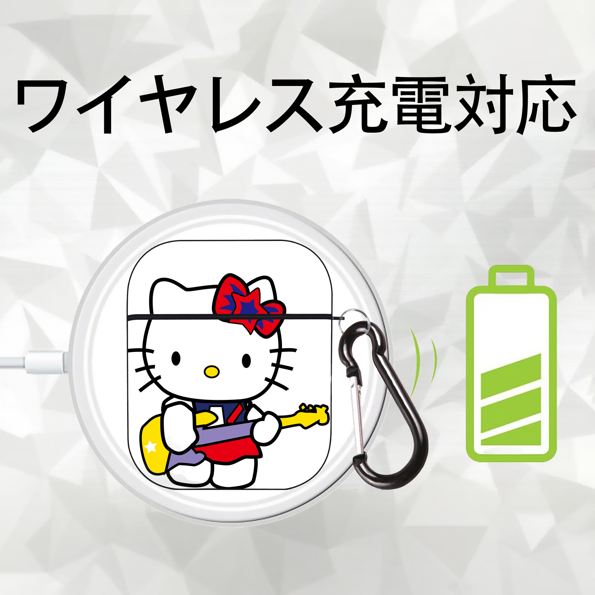 Hello Kitty ハローキティ AirPods 第2世代保護ケース ハードシェル ブラック 耐衝撃・防指紋・カラビナ付き