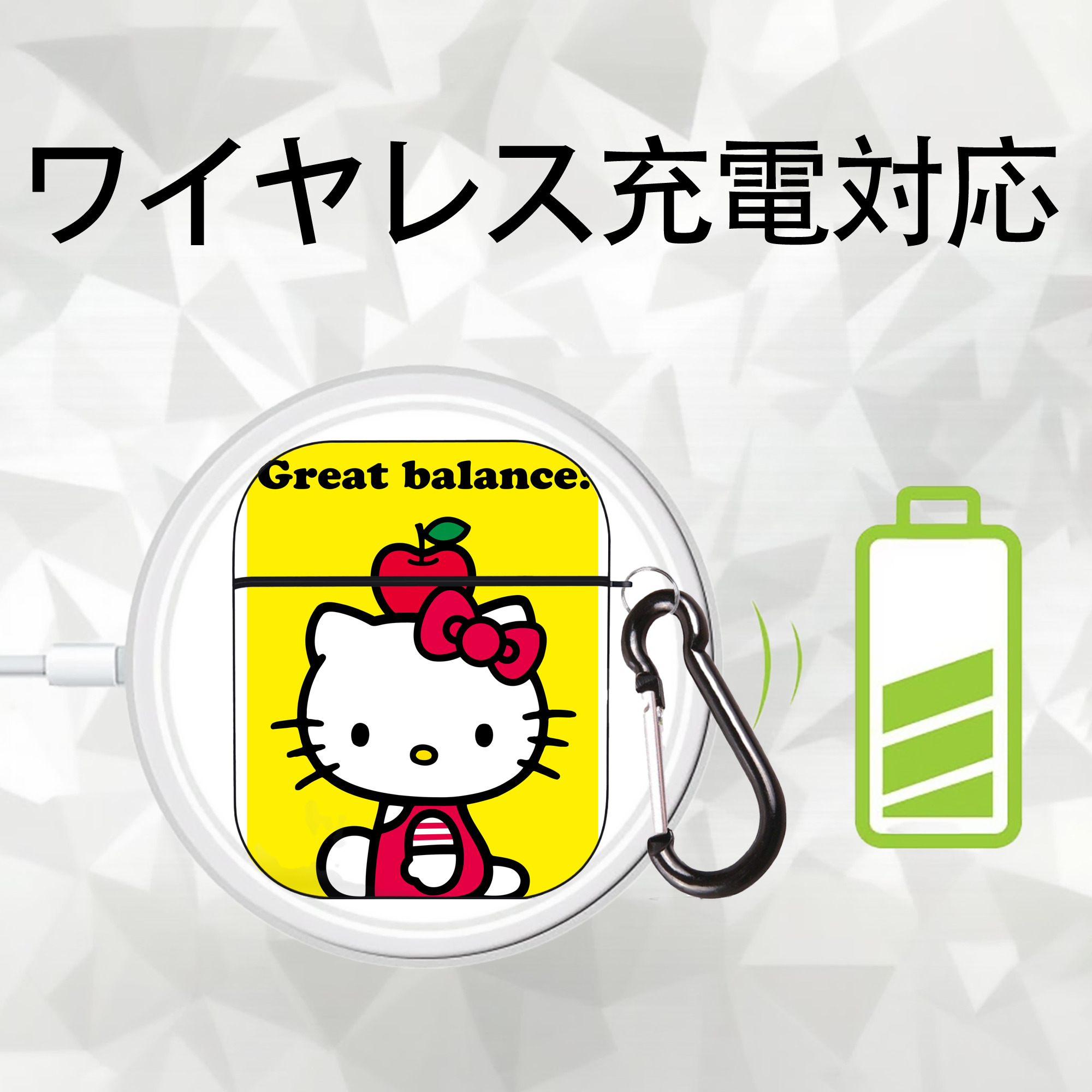 Hello Kitty ハローキティ AirPods 第2世代保護ケース ハードシェル ブラック 耐衝撃・防指紋・カラビナ付き