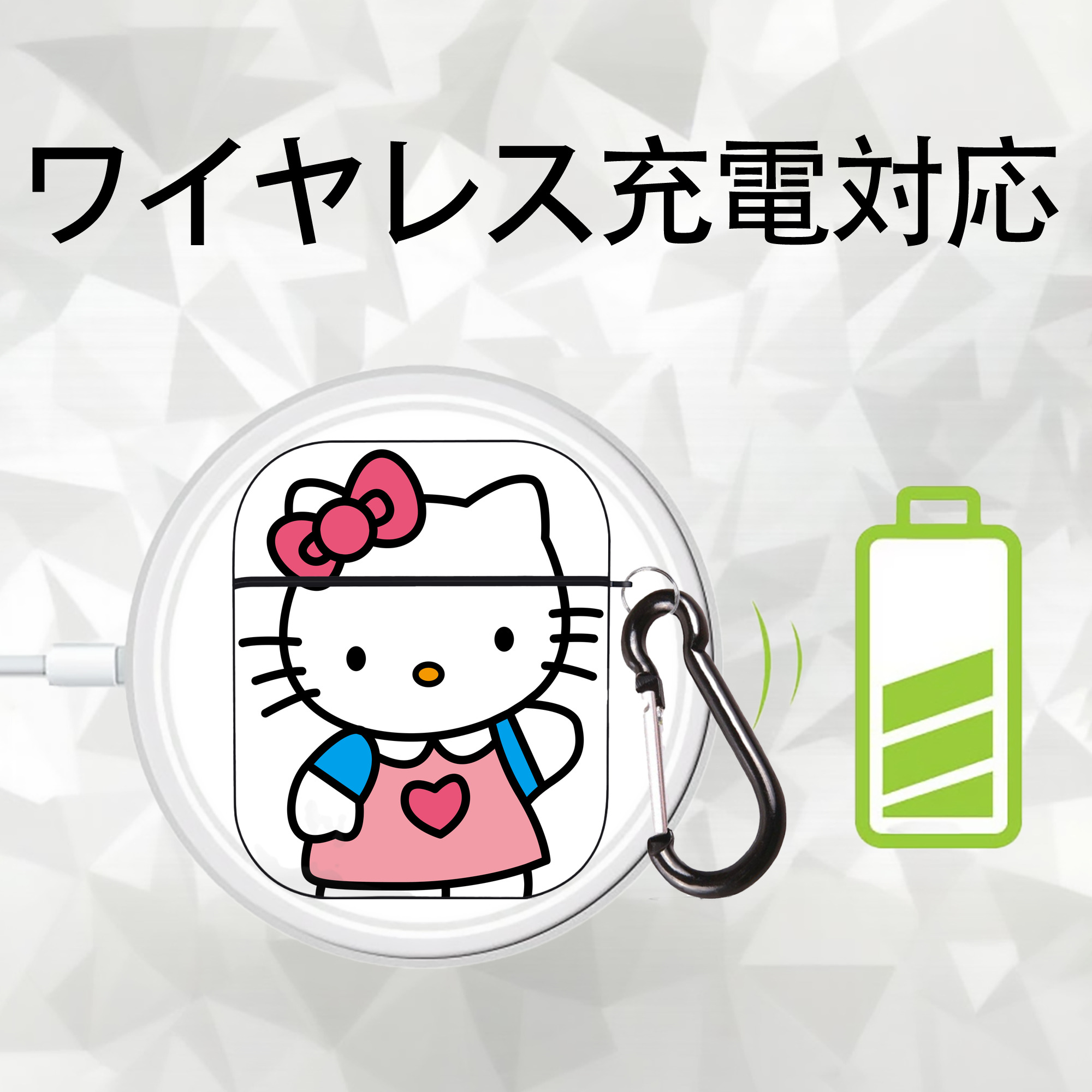 Hello Kitty ハローキティ AirPods 第2世代保護ケース ハードシェル ブラック 耐衝撃・防指紋・カラビナ付き