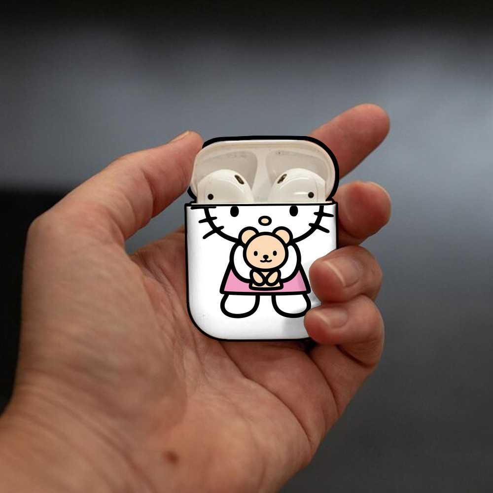 Hello Kitty ハローキティ AirPods 第2世代保護ケース ハードシェル ブラック 耐衝撃・防指紋・カラビナ付き