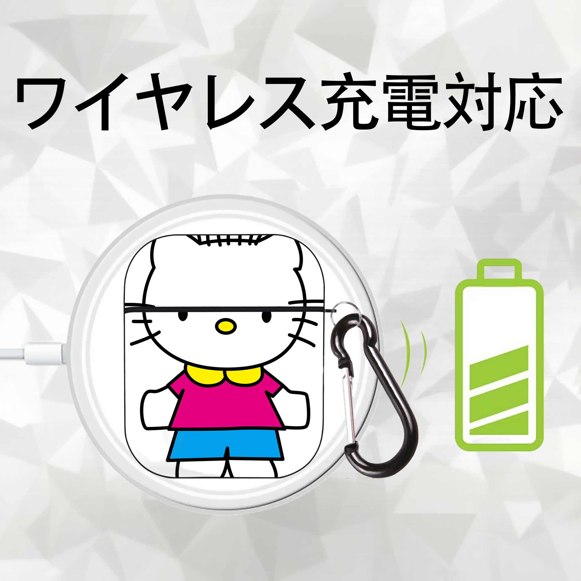 Hello Kitty ハローキティ AirPods 第2世代保護ケース ハードシェル ブラック 耐衝撃・防指紋・カラビナ付き